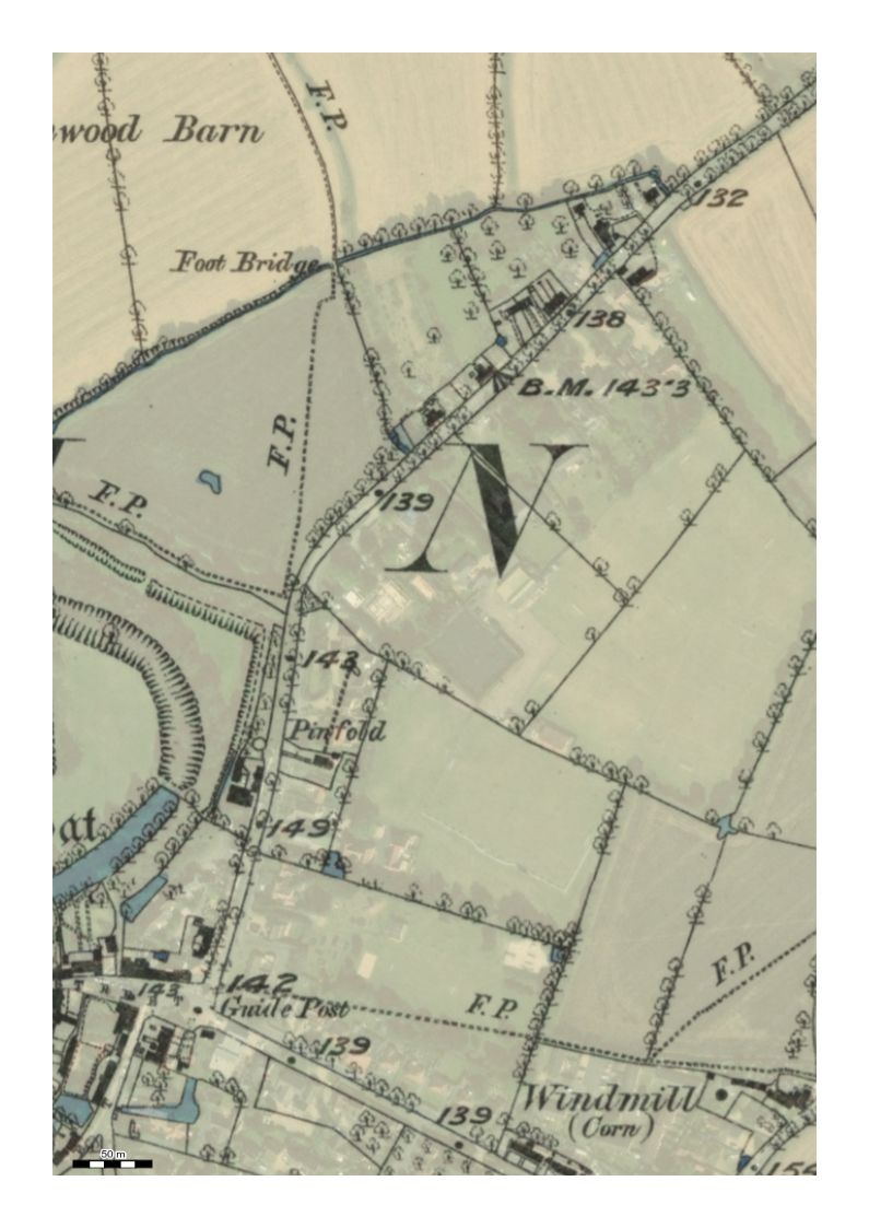 1883 OS map of Pound Farm, Framlingham overlaid with present day (2024) satellite imagary