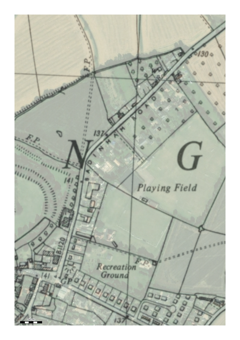 1957 OS map of Pound Farm, Framlingham overlaid with present day (2024) satellite imagary