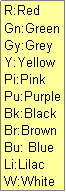 Text Box: R:Red
Gn:Green
Gy:Grey
Y:Yellow
Pi:Pink
Pu:Purple
Bk:Black
Br:Brown
Bu: Blue
Li:Lilac
W:White